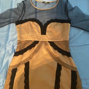 Tan Black and Mesh Short Sleeve Dress
